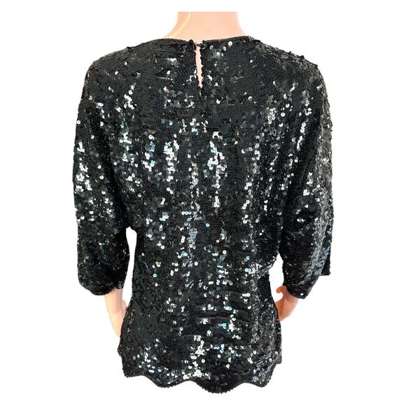 Vintage Black Silk Sequin Top 3/4 Batwing Sleeve Calla Lily Pattern Size XL 1X - Picture 6 of 10